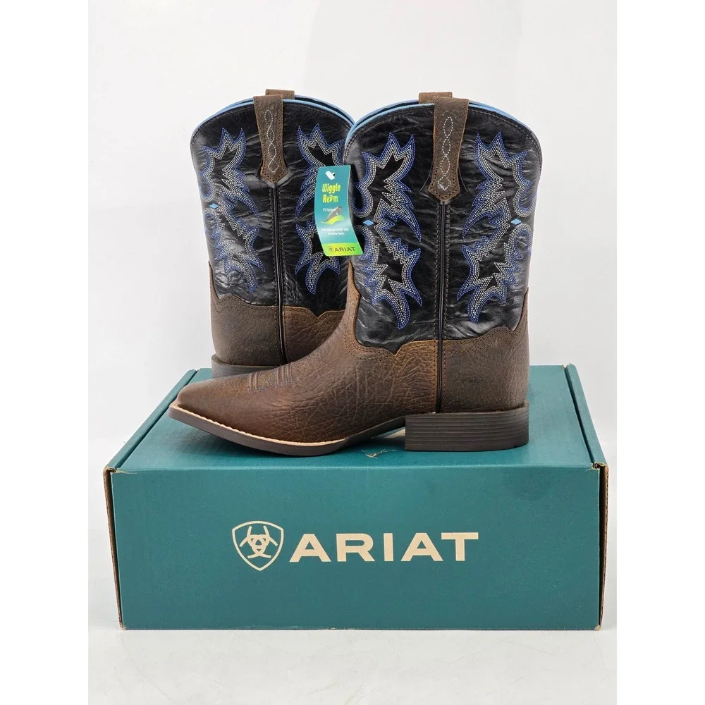 Ariat Tombstone Western Boots Kids 6 Earth Black Leather Wide Square Toe - New